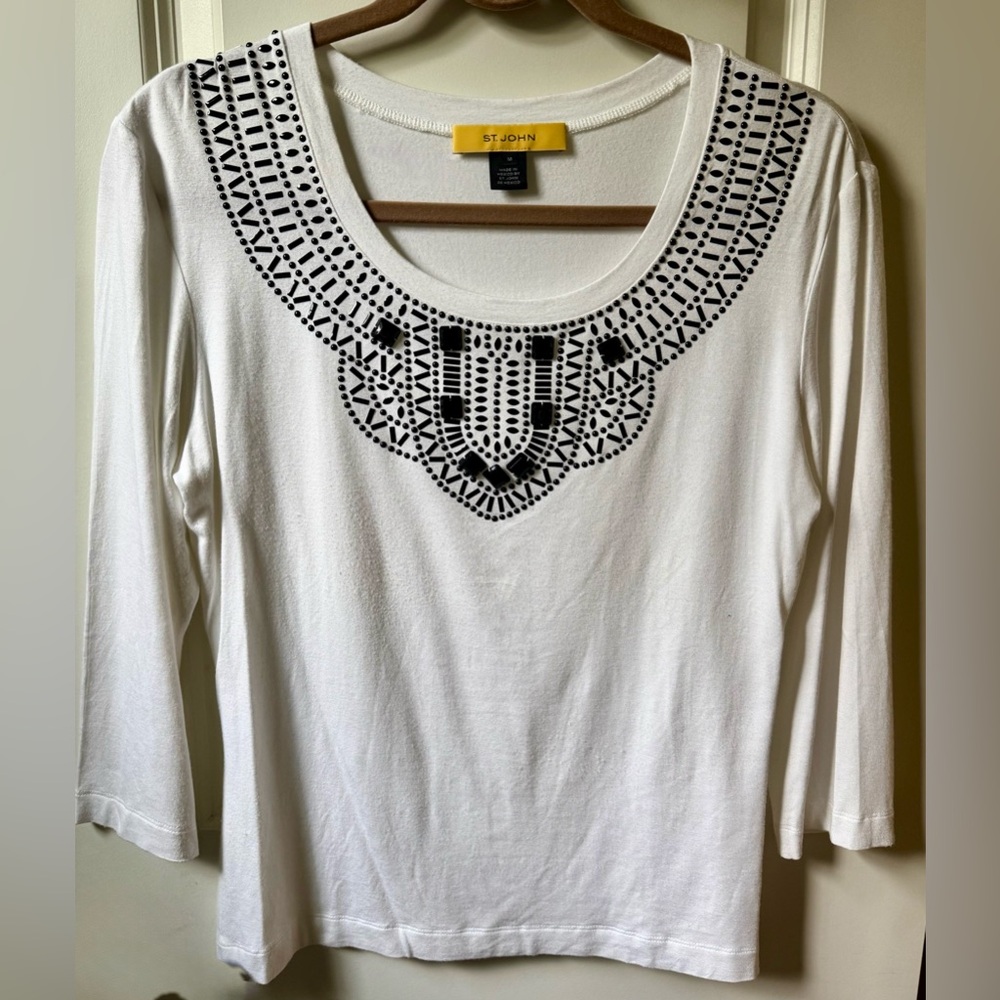 St. John White 3/4 Length Sleeve Scoop Neck Top with Black Embellished Yoke